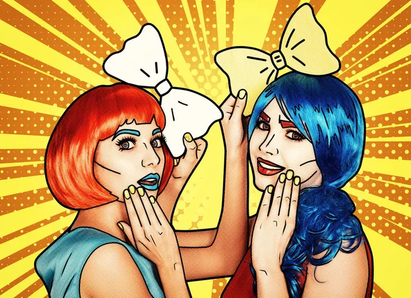 Portrait of young women in comic pop art make-up style. Females in red and blue wigs on yellow - orange cartoon background. Girls with yellow bow-tie in hands