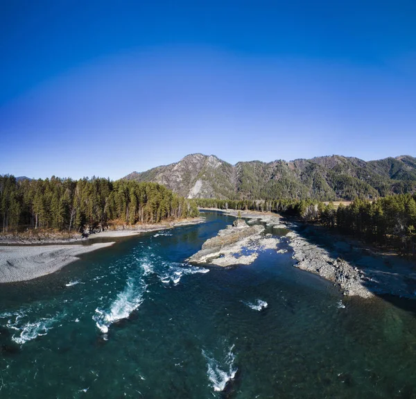 Luchtfoto Panorama Van Herfst Vallei Van Rivier Van Berg Altaj — Stockfoto