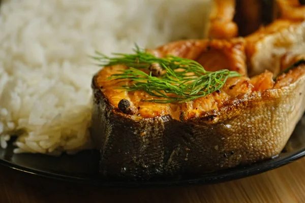 Salmon Steaks Served Boiled Rice — Stock Photo, Image