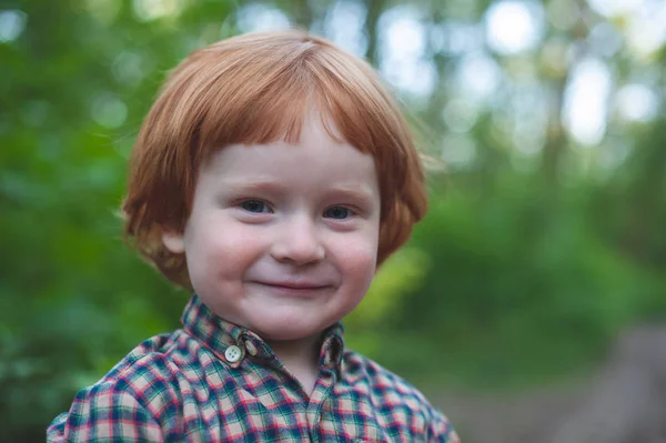 Red Haired Boy Plaid Shirt Smiles — Stock Photo, Image
