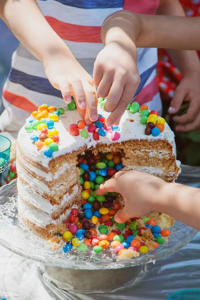 Cut cake with candy stuffing