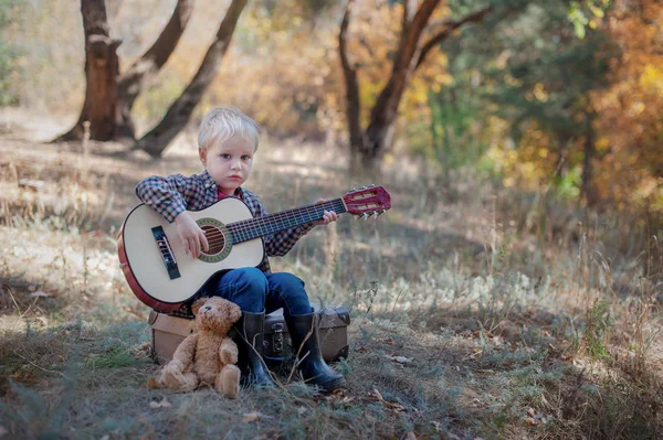 Fiú Őszi Erdőben Gitározni — Stock Fotó