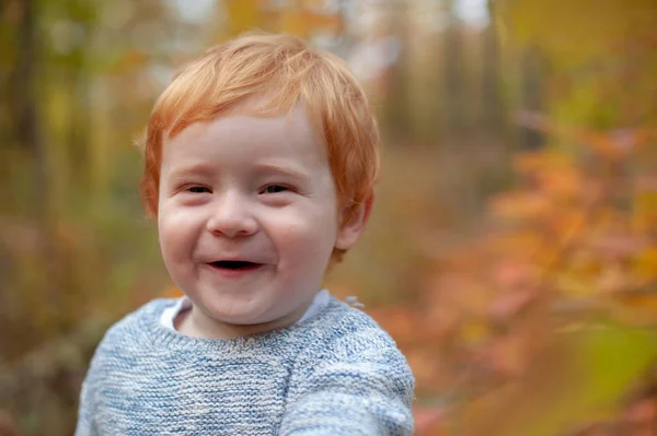 Roodharige Jongen Lacht Leuk Herfst Bos — Stockfoto