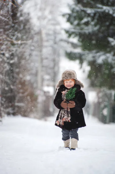 Bir Noel Ağacı Bir Çocuk Kürk Şapka Içinde Taşır — Stok fotoğraf