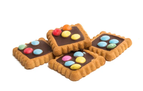 Koekjes Met Chocolade Gekleurde Jelly Beans Geïsoleerd Witte Achtergrond — Stockfoto