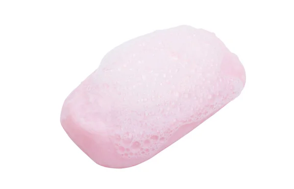 白い背景で隔離の泡とピンクの石鹸 — ストック写真
