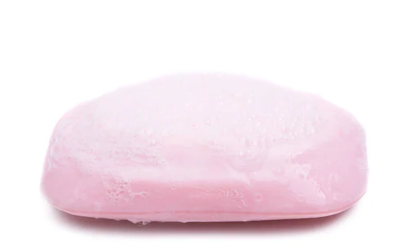 白色背景的泡沫粉红色肥皂 — 图库照片