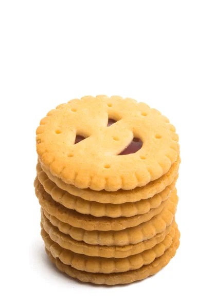 Dubbele Koekjes Met Jam Geïsoleerd Witte Achtergrond — Stockfoto