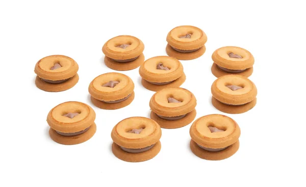 Biscoitos Duplos Com Coração Chocolate Fundo Branco — Fotografia de Stock