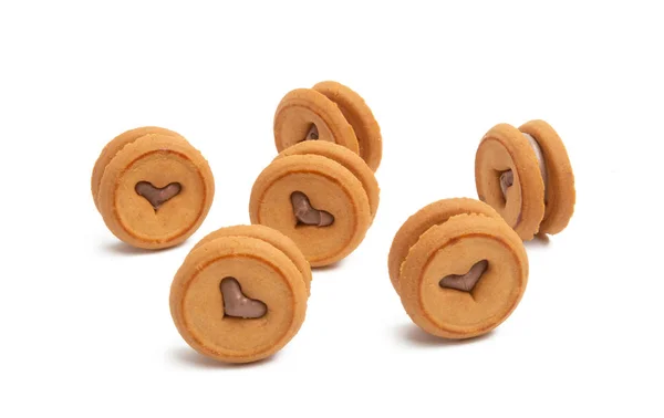 Double Cookies Heart Chocolate White Background — Stock Photo, Image