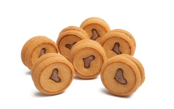 Biscoitos Duplos Com Coração Chocolate Fundo Branco — Fotografia de Stock