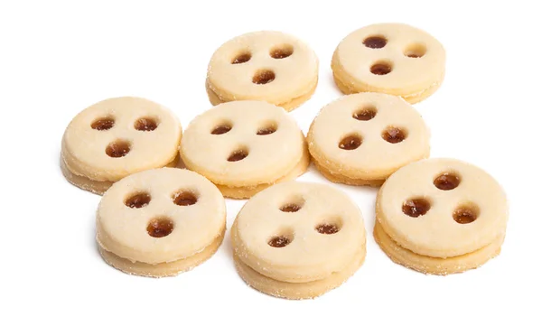 Biscoitos Duplos Com Geléia Isolada Fundo Branco — Fotografia de Stock