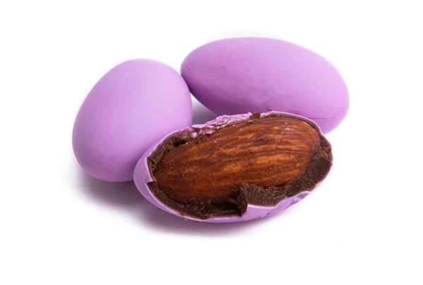 Almonds Chocolate Colored Glaze Isolated White Background — Stock Photo, Image