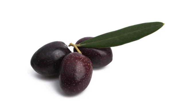 Schwarze Oliven Mit Blättern Auf Weißem Hintergrund — Stockfoto