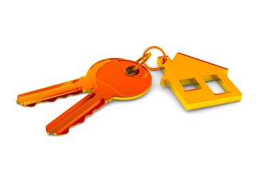 İki anahtar ve beyaz arka plan üzerinde biblo evi. izole 3d çizim