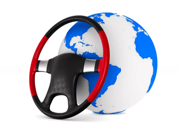 Lenkrad Und Globus Auf Weißem Hintergrund Isolierte Illustration — Stockfoto