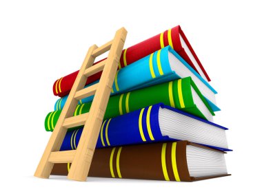 Kitaplar ve beyaz arka plan üzerinde merdiven. İzole 3d çizim