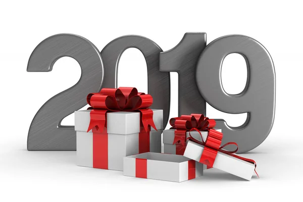 2019 Nuovo Anno Confezioni Regalo Bianche Illustrazione Isolata — Foto Stock