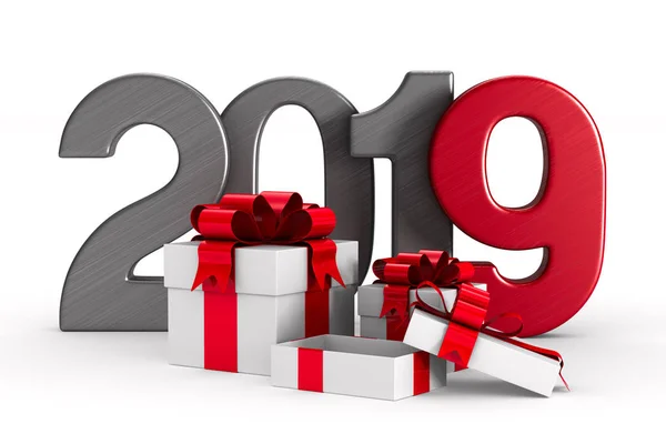 2019 Νέο Έτος Κουτιά Δώρου Ολόλευκο Απομονωμένη Απεικόνιση — Φωτογραφία Αρχείου