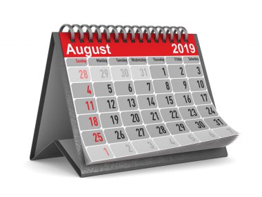 2019 yıl. Ağustos için takvim. İzole 3d çizim