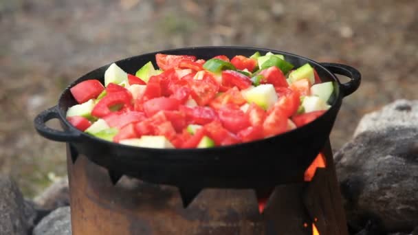 屋外の大釜で野菜の料理 — ストック動画