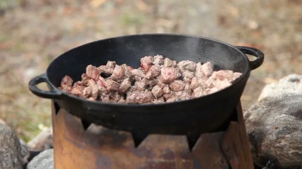 Cozinhar Carne Caldeirão Livre — Vídeo de Stock