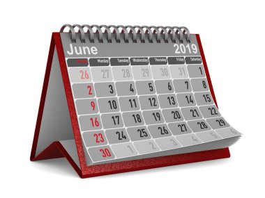 2019 yıl. Haziran için takvim. İzole 3d çizim