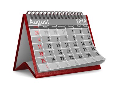 2019 yıl. Ağustos için takvim. İzole 3d çizim