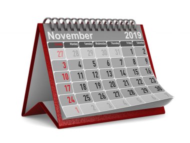 2019 yıl. Kasım için takvim. İzole 3d çizim