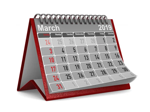 Año 2019 Calendario Para Marzo Ilustración Aislada — Foto de Stock
