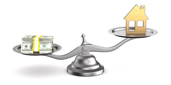 House and money on scales. Isolated 3D illustration