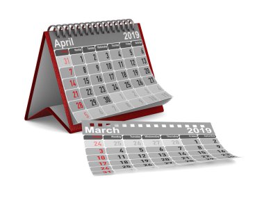 2019 yıl. Nisan için takvim. İzole 3d çizim