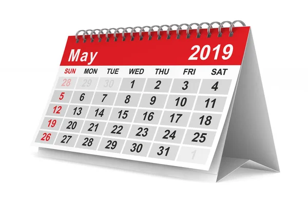 Año 2019 Calendario Para Mayo Ilustración Aislada — Foto de Stock