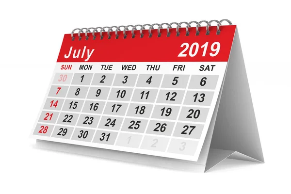 Año 2019 Calendario Para Julio Ilustración Aislada — Foto de Stock