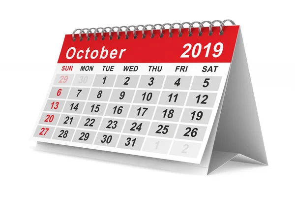 2019 Ano Calendário Para Outubro Isolado Ilustração — Fotografia de Stock