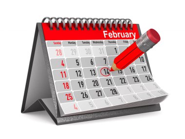 14 Şubat. Takvim beyaz arka plan üzerinde. İzole 3d çizim