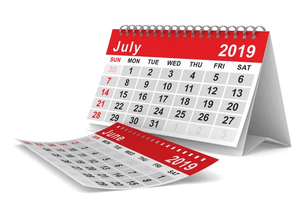 Año 2019 Calendario Para Julio Ilustración Aislada — Foto de Stock