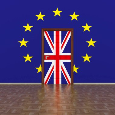 AB ve Büyük Britanya bayrağı duvar ve kapı. 3D görüntü.