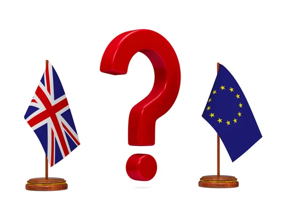 flag EU and  Great Britain and red question on white background. Isolated 3D image