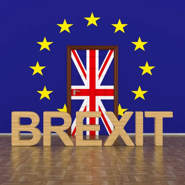 AB ve Büyük Britanya bayrağı duvar ve kapı. 3D görüntü.