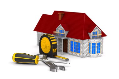 Beyaz arka planda ev ve aletler. İzole edilmiş üç boyutlu illüstrasyon