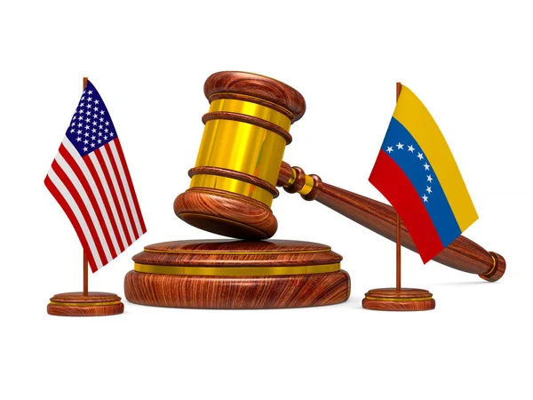 Vlag van Venezuela en de Verenigde Staten en de houten hamer op witte achtergrond. ISO — Stockfoto