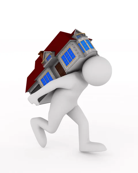 Mężczyzn prowadzić Dom na plecach. Na białym tle ilustracja 3d — Zdjęcie stockowe