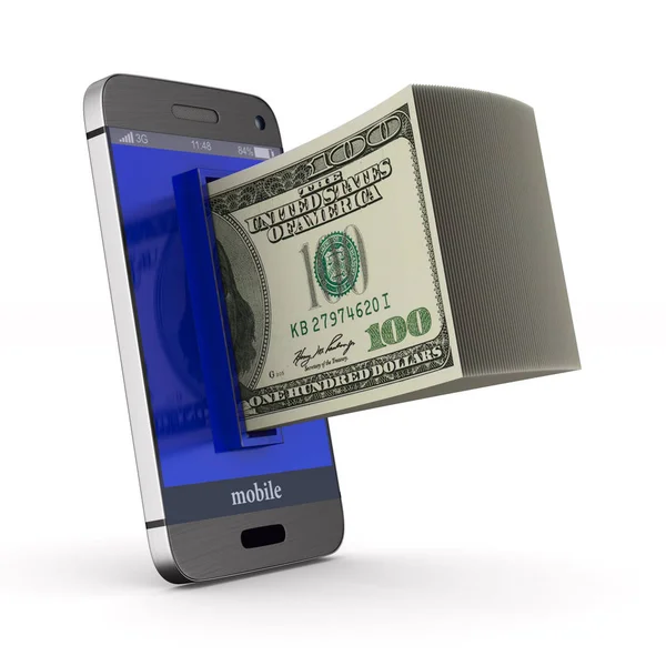 Telefon i pieniądze na białym tle. Izolowana ilustracja 3D — Zdjęcie stockowe