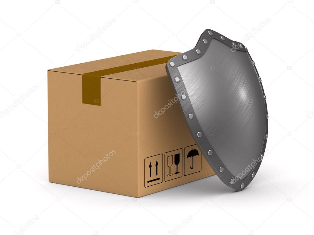 cargo box and shield on white background. Isolated 3D illustrati