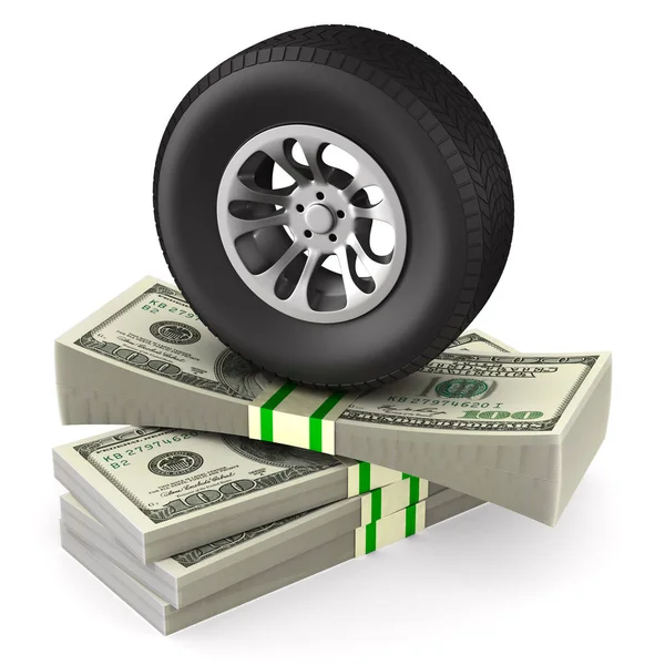 Tire and money on white background. Isolated 3D illustration — Stock Photo, Image