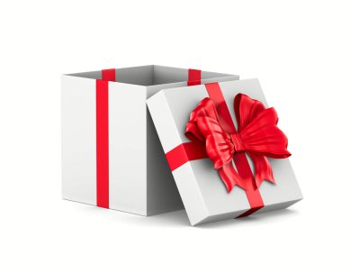 beyaz arka plan üzerinde kırmızı yay ile açık beyaz hediye kutusu. İzole 3