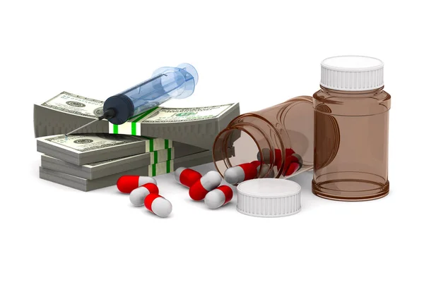 Dinero y medicamentos sobre fondo blanco. Ilustración 3D aislada — Foto de Stock