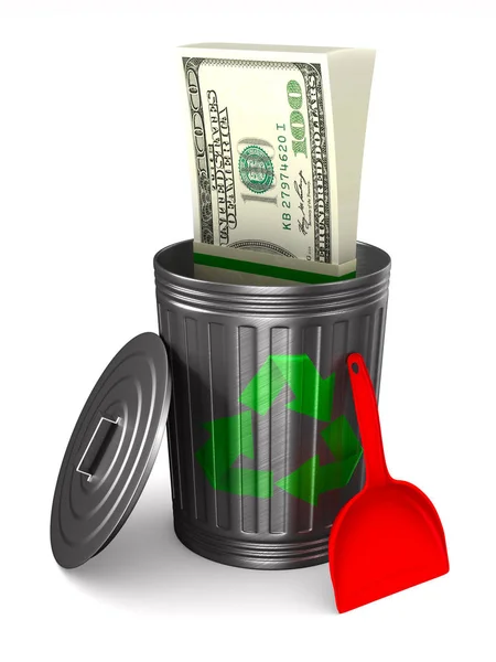 Money into garbage basket on white background. Isolated 3D illus — Stock Photo, Image