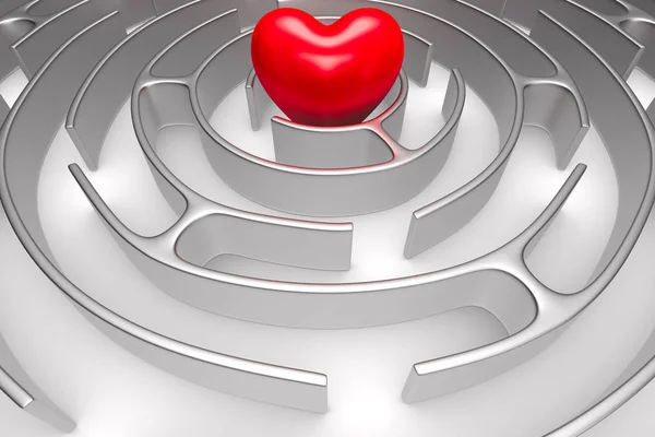 Круглый лабиринт и сердце на белом фоне. Изолированный 3D-иллюстрат — стоковое фото